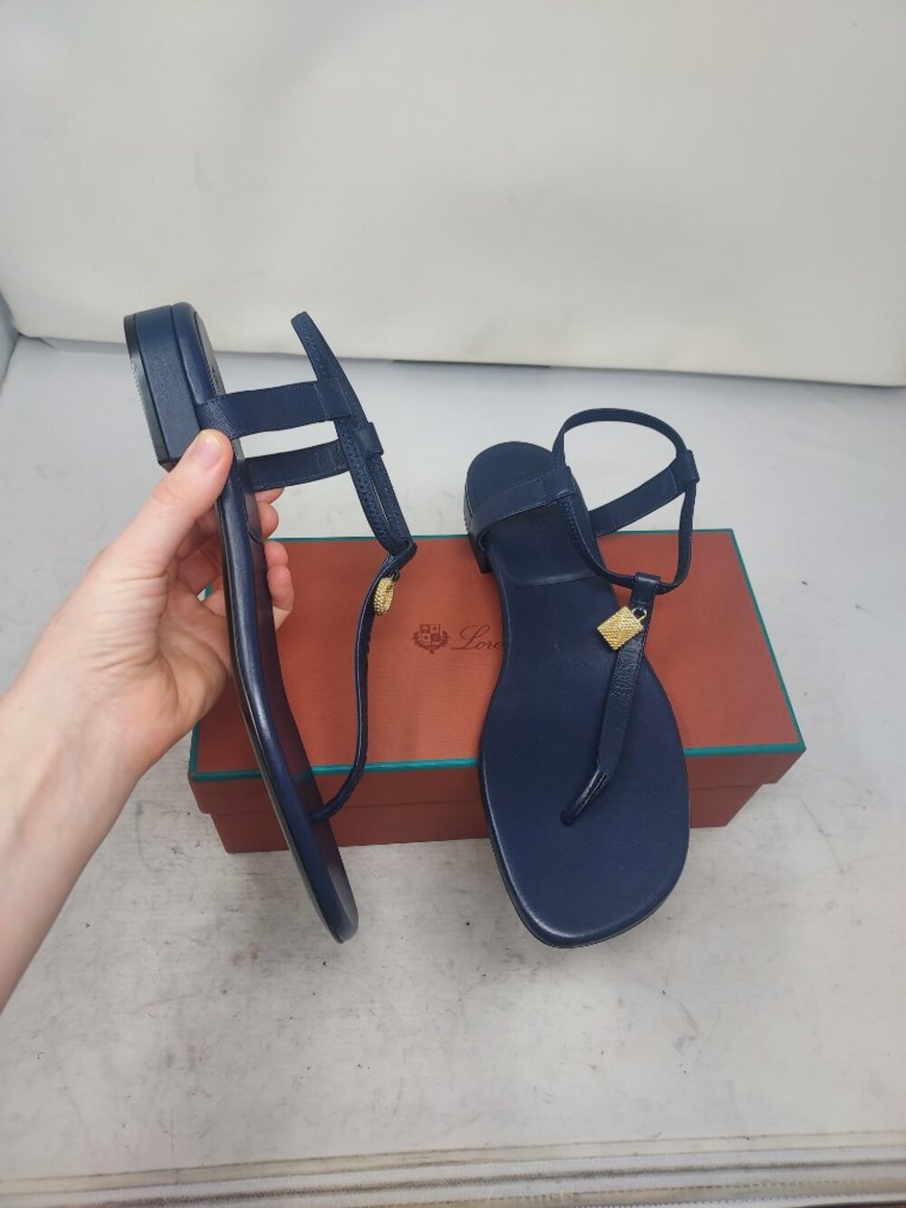 Loro Piana Blue Mindil Flat Charm T-Strap Sandal
